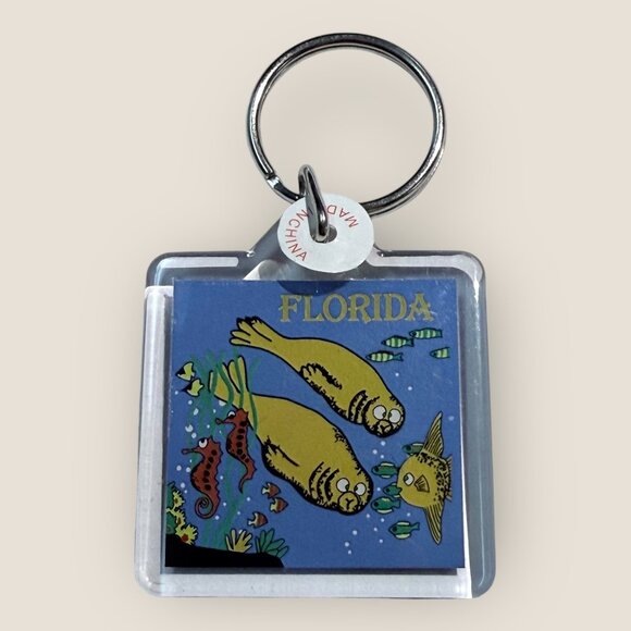 Florida Manatee Keychain Keyring with Ocean Design - Picture 1 of 2